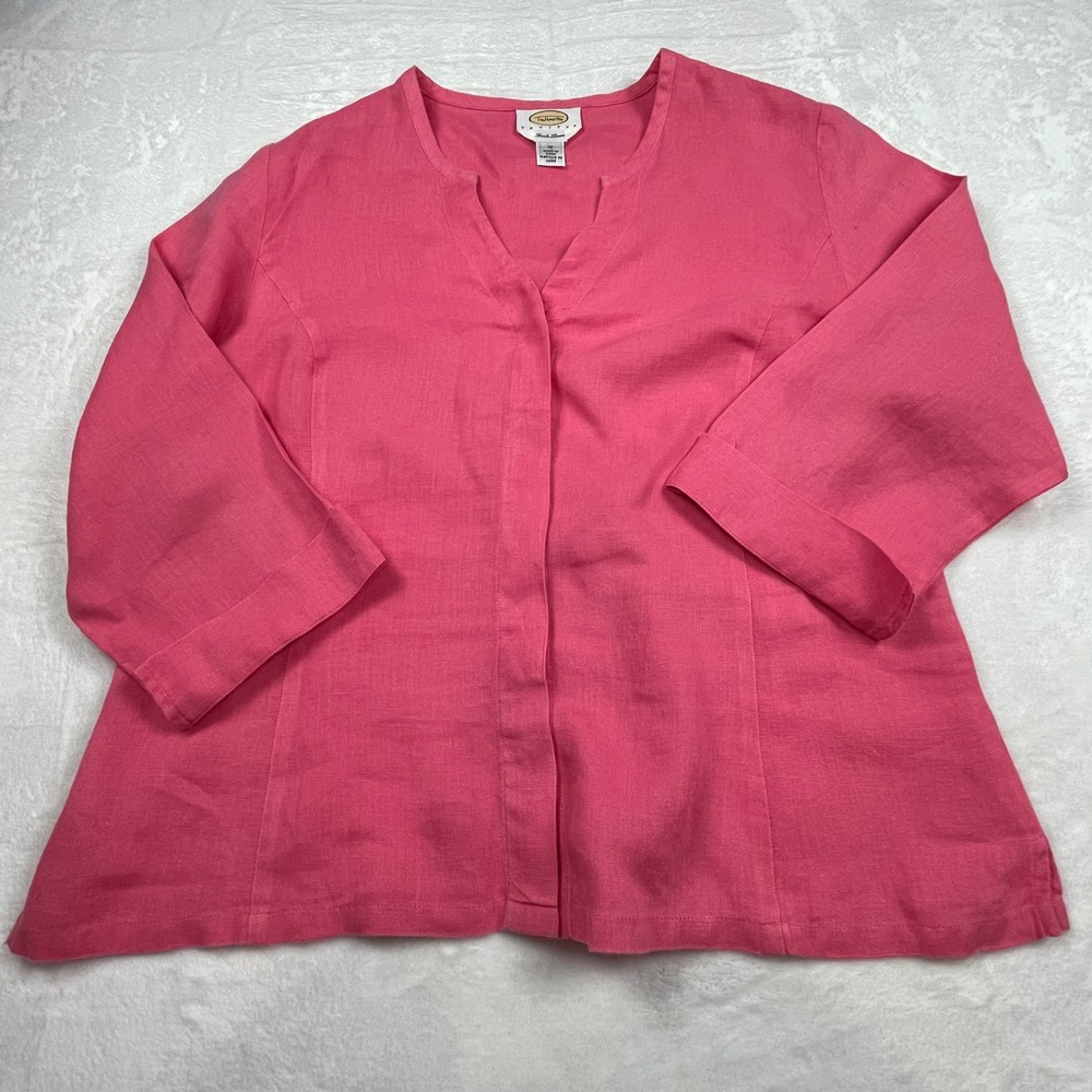 Talbots Petites Pink 100% Irish Linen V-Neck 3/4 Sleeve Blouse Top Size 12P